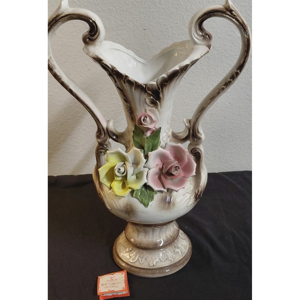 Vintage Capodimonte Italian Porcelain Rose Vase 14" Crowned N Certificate 1960s